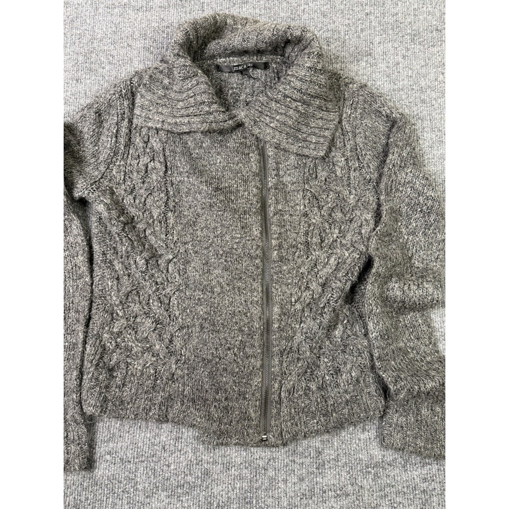 Mac & Jac Women's Cable Knit Zip Up Sweater‎ Gray Chunky Collar Acrylic M